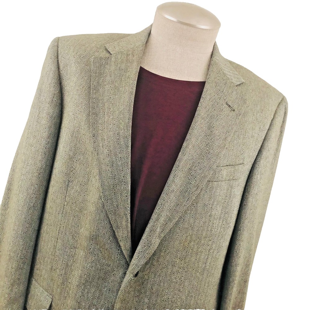 Vintage OLIVER Mens 44R Silk Blazer Sport Coat USA Herringbone Lined Olive Brown